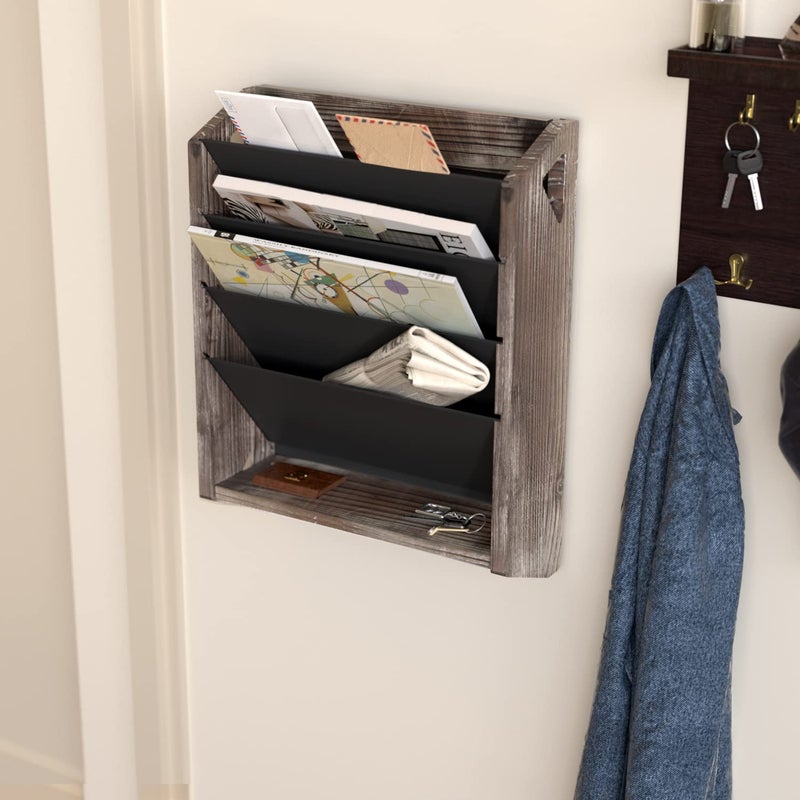 J JACKCUBE DESIGN Wall Document File Organizer Rustic Wood Magazine Rack with 5 Compartments Hanging Mail Holder for Home, Office - MK624A - Image 5